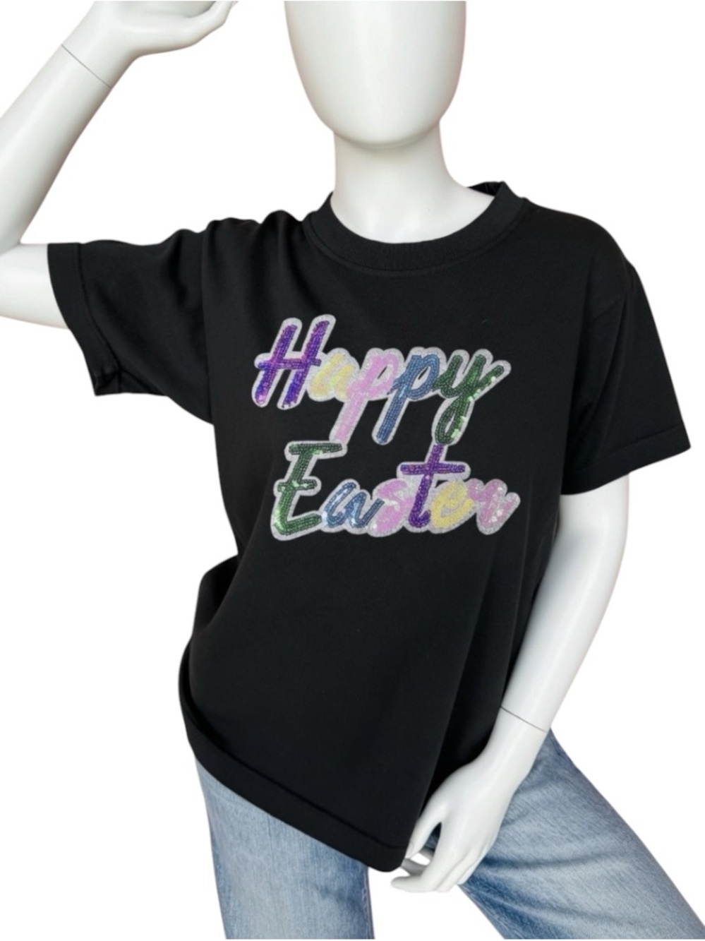 Happy Easter sequin accent black loose fit holiday tee S M L XL 2XL 3XL
